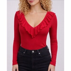 WILFRED • Aritzia Danette Red Ruffle-Trim Ribbed Stretch Long Sleeve Bodysuit, S